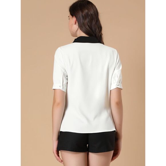 Women's Contrast Collar Tie Ruffle Front Button Short Sleeve Shirt White - Picture 5 of 6
